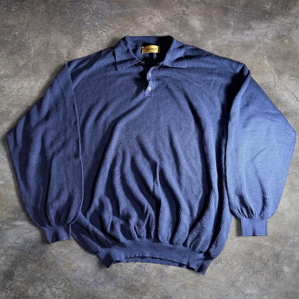 Paul Stuart Made in Italy Vintage Navy Blue Waffle Knit Long Sleeve Polo Shirt